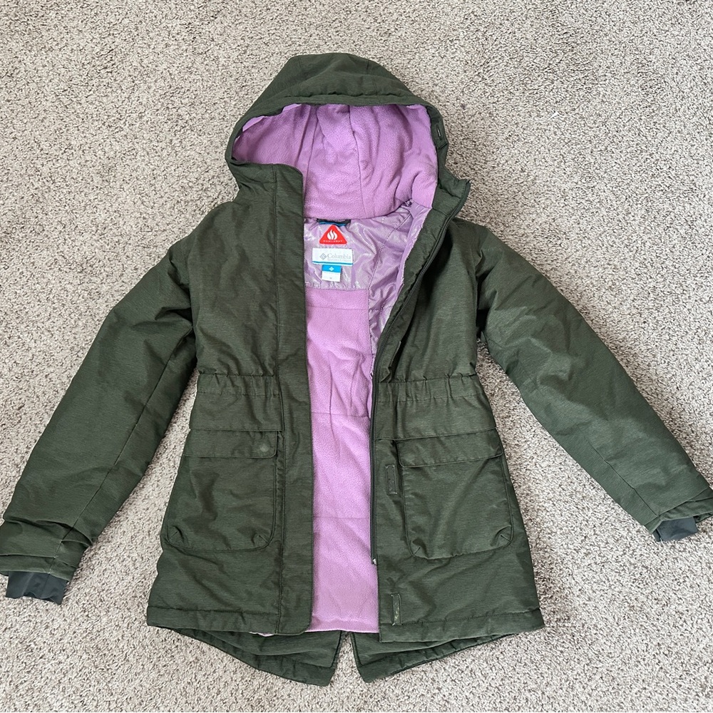 Columbia Olive Green Kids Winter Jacket with Purple Lining